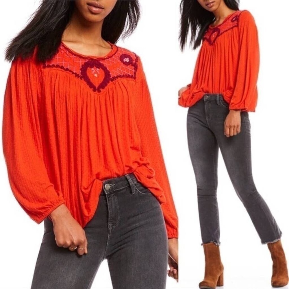 Free People Orange Blouse with Red Embroidery